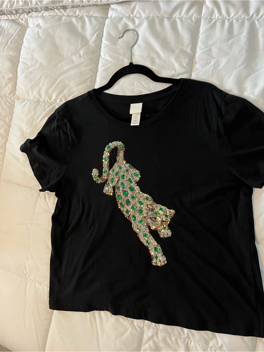 H&M Black Tee with Green & Gold Sequin Leopard